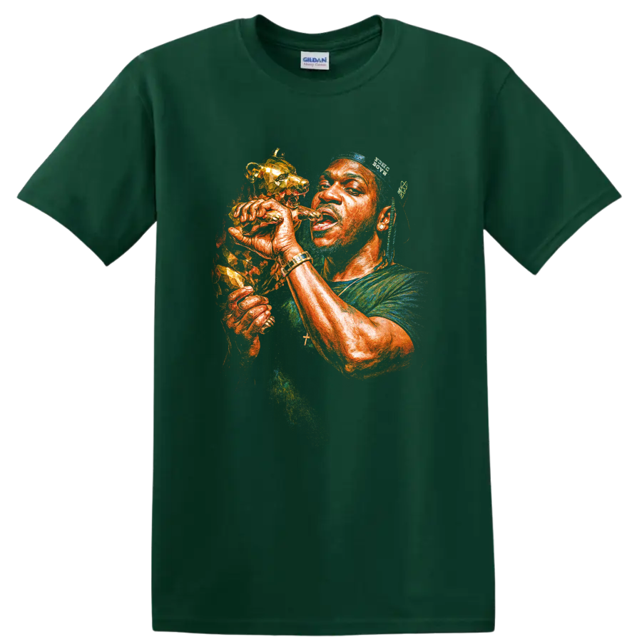 Lil Wayne stylized hip-hop portrait holding a microphone on a Forest Green T Shirt