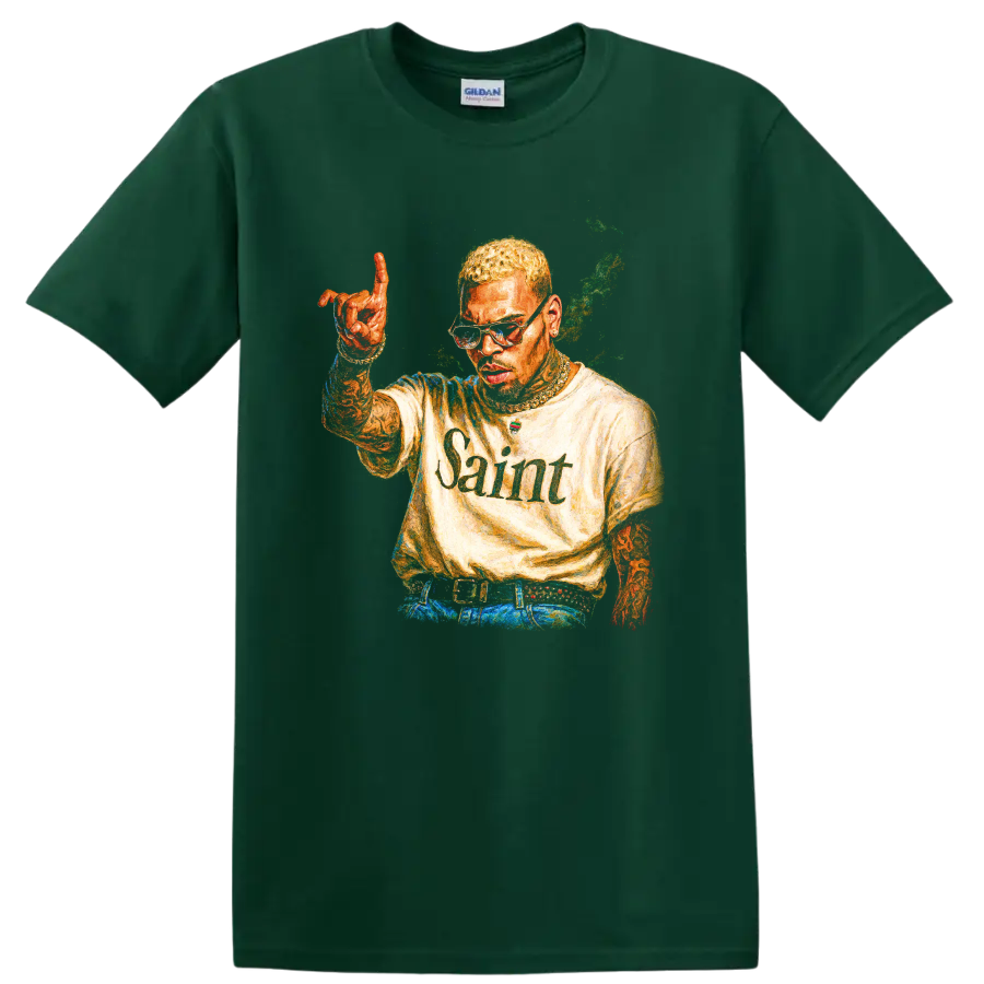 Chris Brown Saint portrait graphic with raised hand and colorful urban-art style on a Forest Green T Shirt