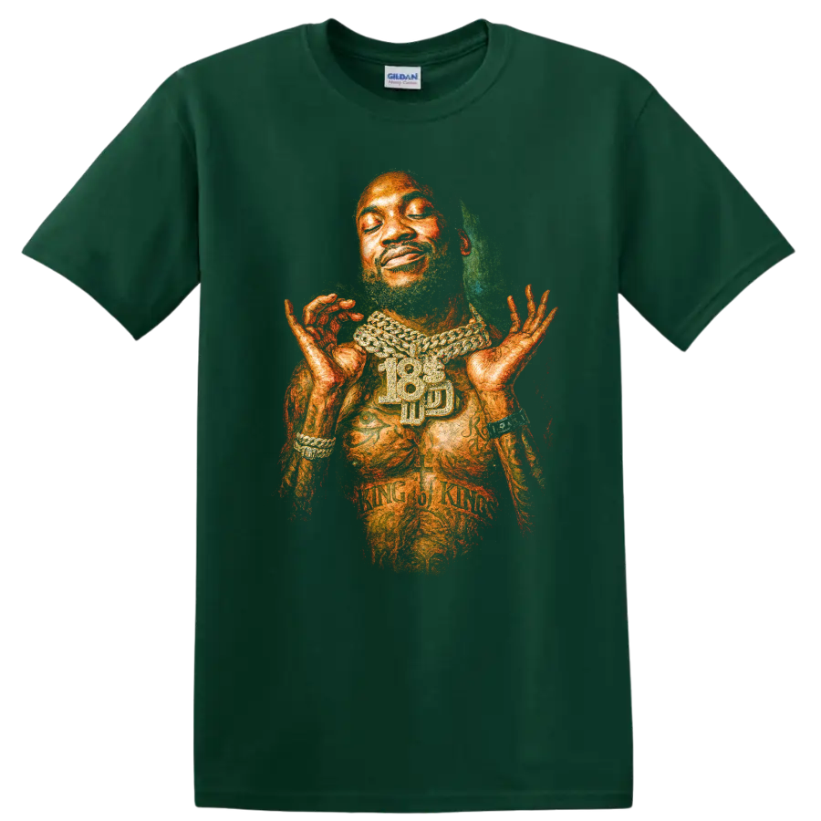 Meek Mill artistic hip-hop portrait with layered chain jewelry on a Forest Green T Shirt