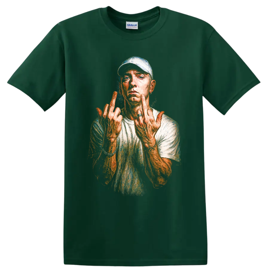 Eminem Slim Shady portrait illustration with raised middle fingers on a Forest Green T Shirt