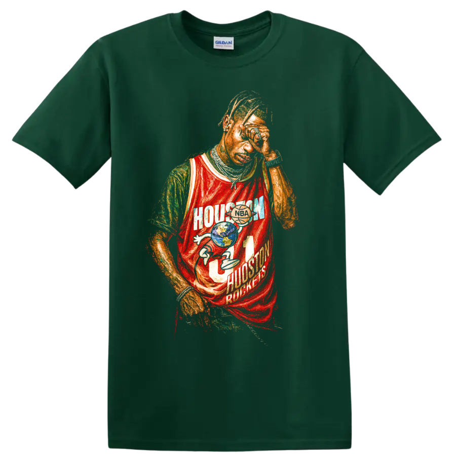Travis Scott Houston Rockets distressed basketball jersey graphic on a Forest Green T Shirt