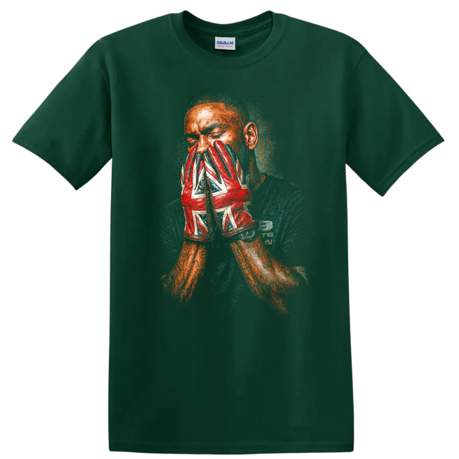 Skepta grime portrait with red patterned gloves, textured album cover style on a Forest Green T Shirt