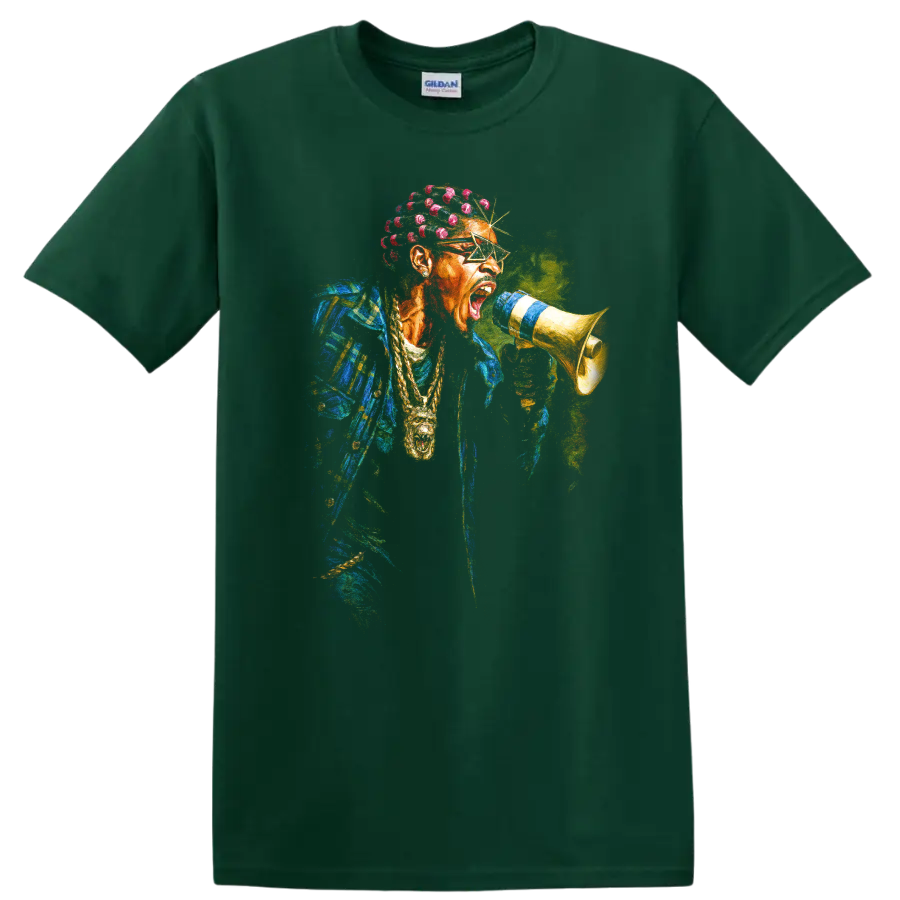 Playboi Carti colorful digital hip-hop portrait holding a megaphone on a Forest Green T Shirt