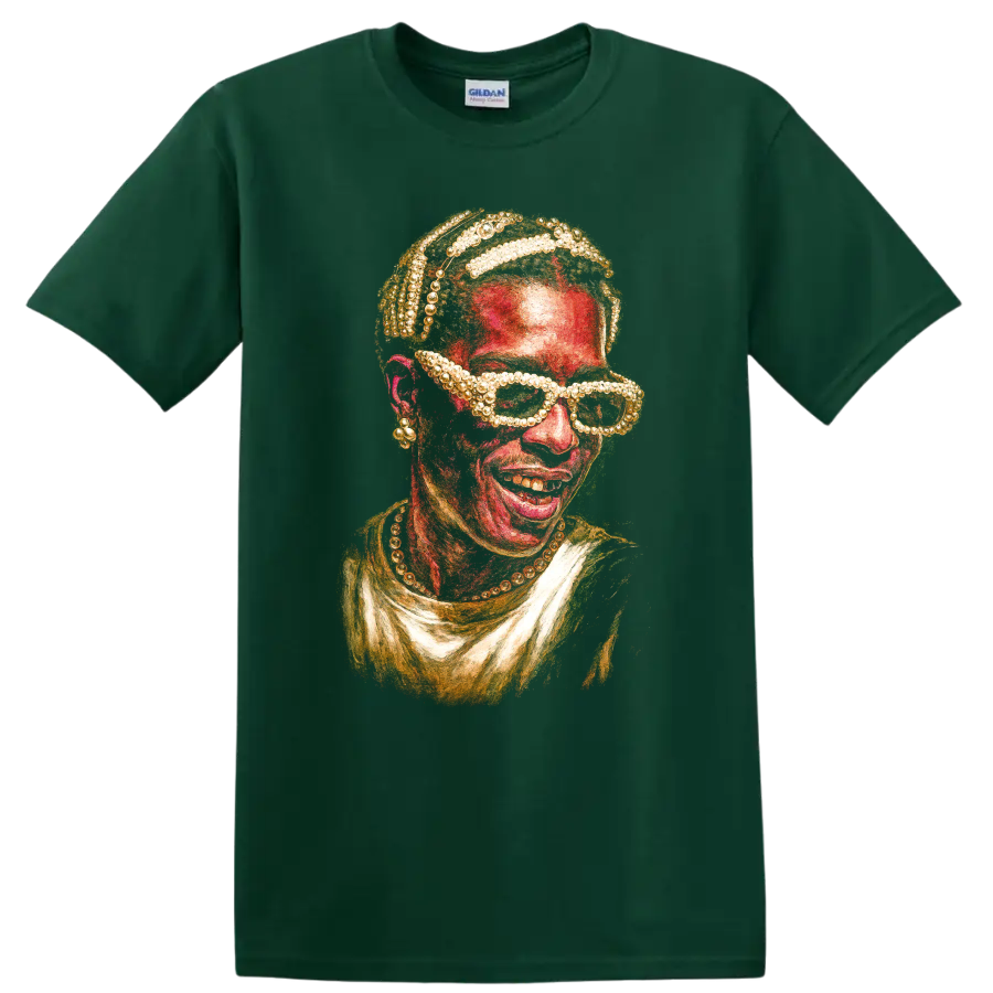A$AP Ferg stylized hip-hop portrait artwork with textured red and gold details on a Forest Green T Shirt