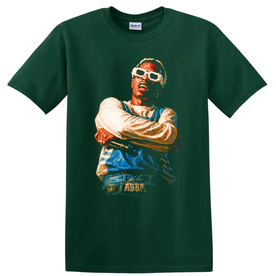 A$AP Ferg stylized hip-hop portrait artwork with sunglasses on a Forest Green T Shirt