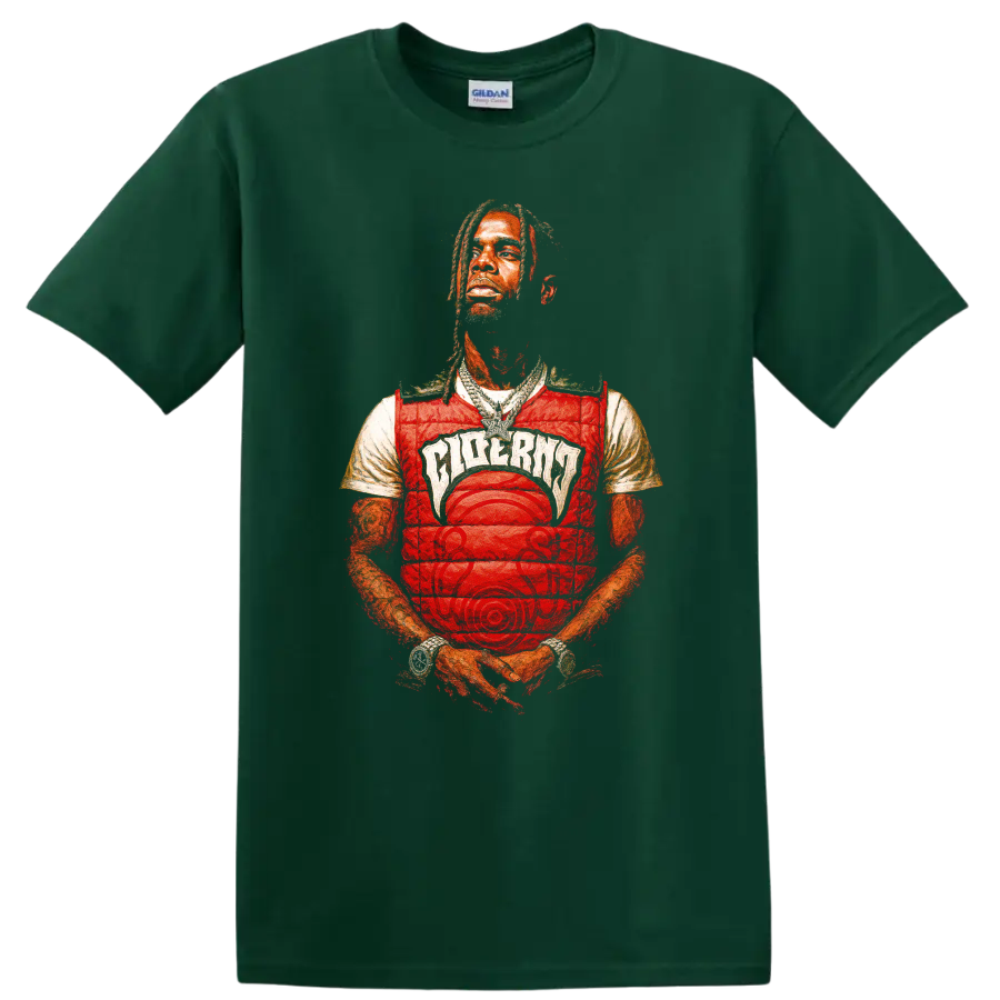 Travis Scott stylized red-toned hip-hop portrait graphic on a Forest Green T Shirt