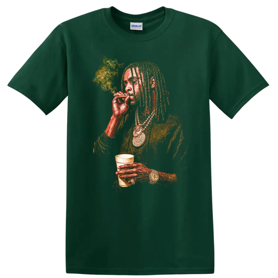 Young Thug trap artist portrait graphic with dreadlocks and gold chains on a Forest Green T Shirt