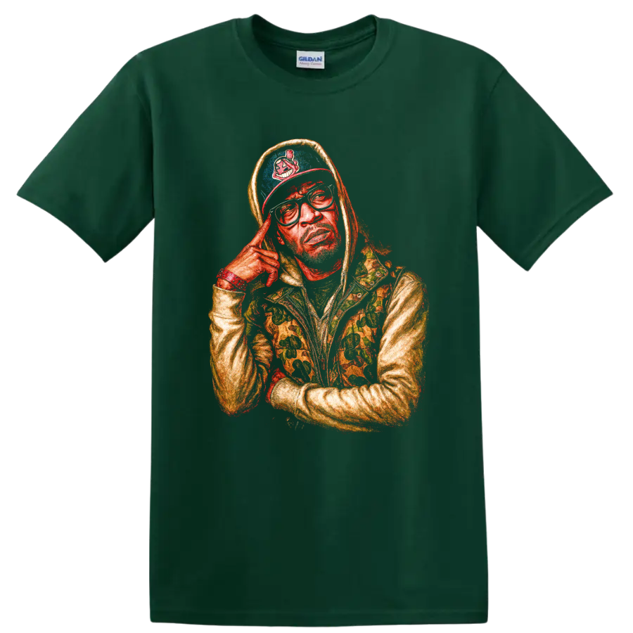 Roc Marciano hooded portrait with tinted glasses, colorful illustrated style on a Forest Green T Shirt