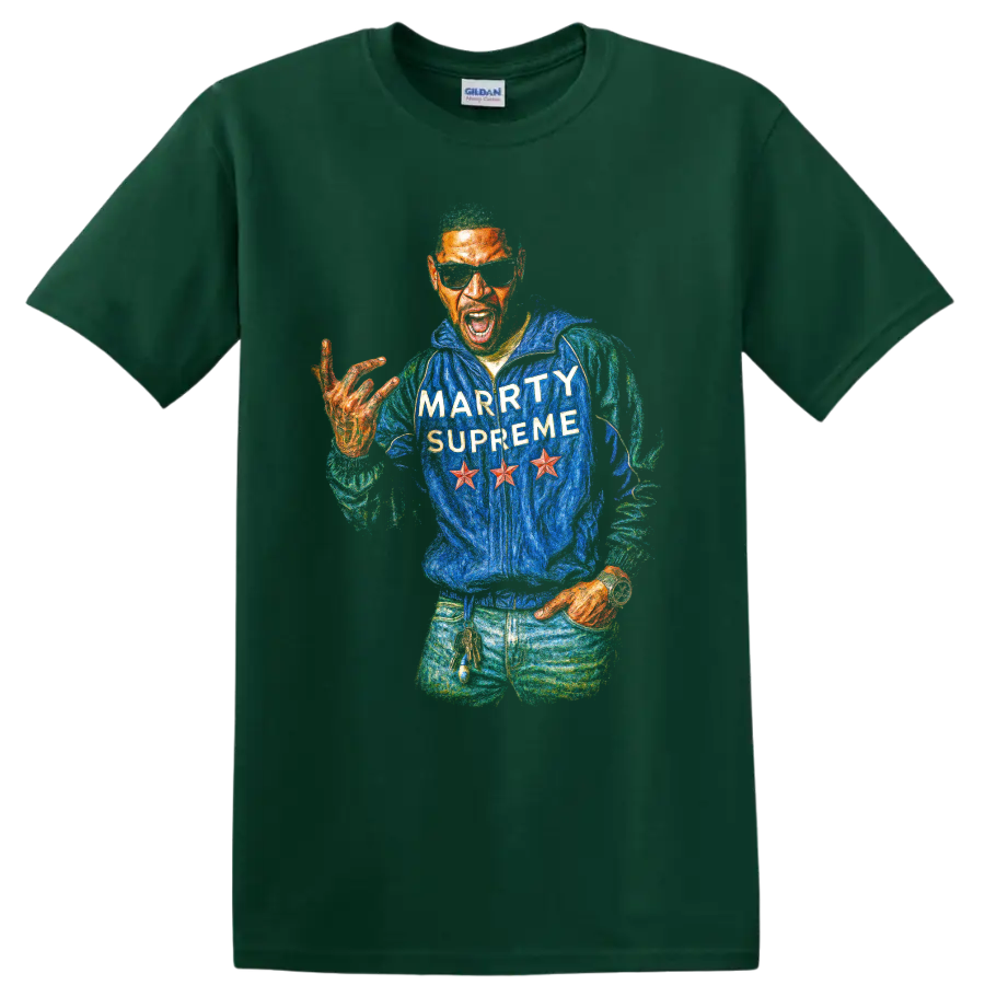 Kid Cudi Marty Supreme colorful hip-hop portrait graphic on a Forest Green T Shirt