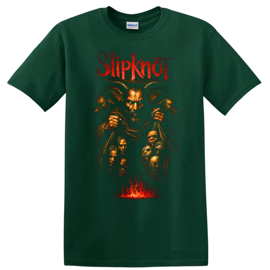 Slipknot Spit It Out dark metal graphic with horned figure and flames on a Forest Green T Shirt