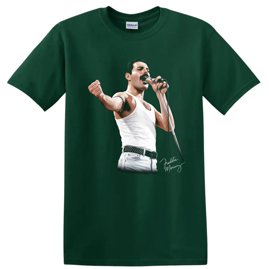 Freddie Mercury singing into a microphone in a dramatic rock performance graphic on a Forest Green T Shirt