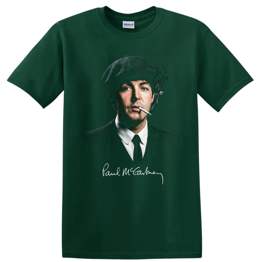 Paul McCartney smoking portrait in vintage rock style on a Forest Green T Shirt