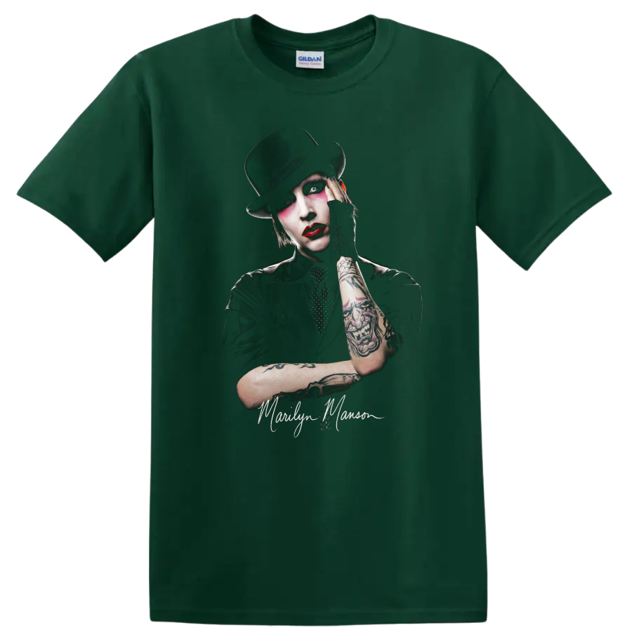 Marilyn Manson theatrical rock portrait with top hat and dramatic makeup on a Forest Green T Shirt