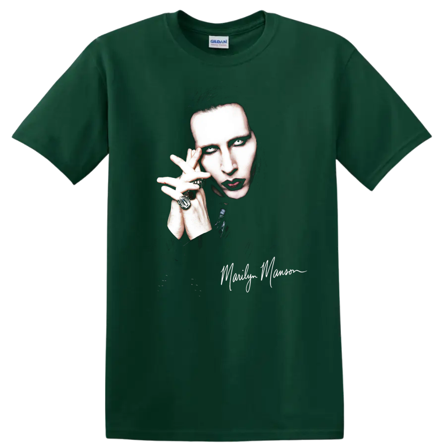 Marilyn Manson gothic rock portrait fan art graphic print on a Forest Green T Shirt