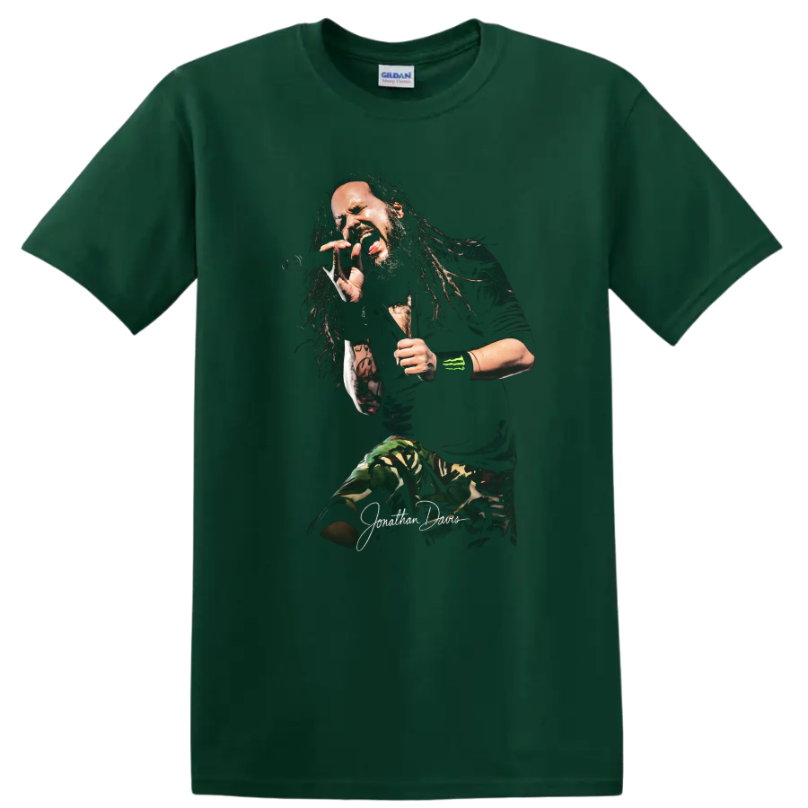 Jonathan Davis of Korn performing with a microphone in a dramatic sketch style on a Forest Green T Shirt