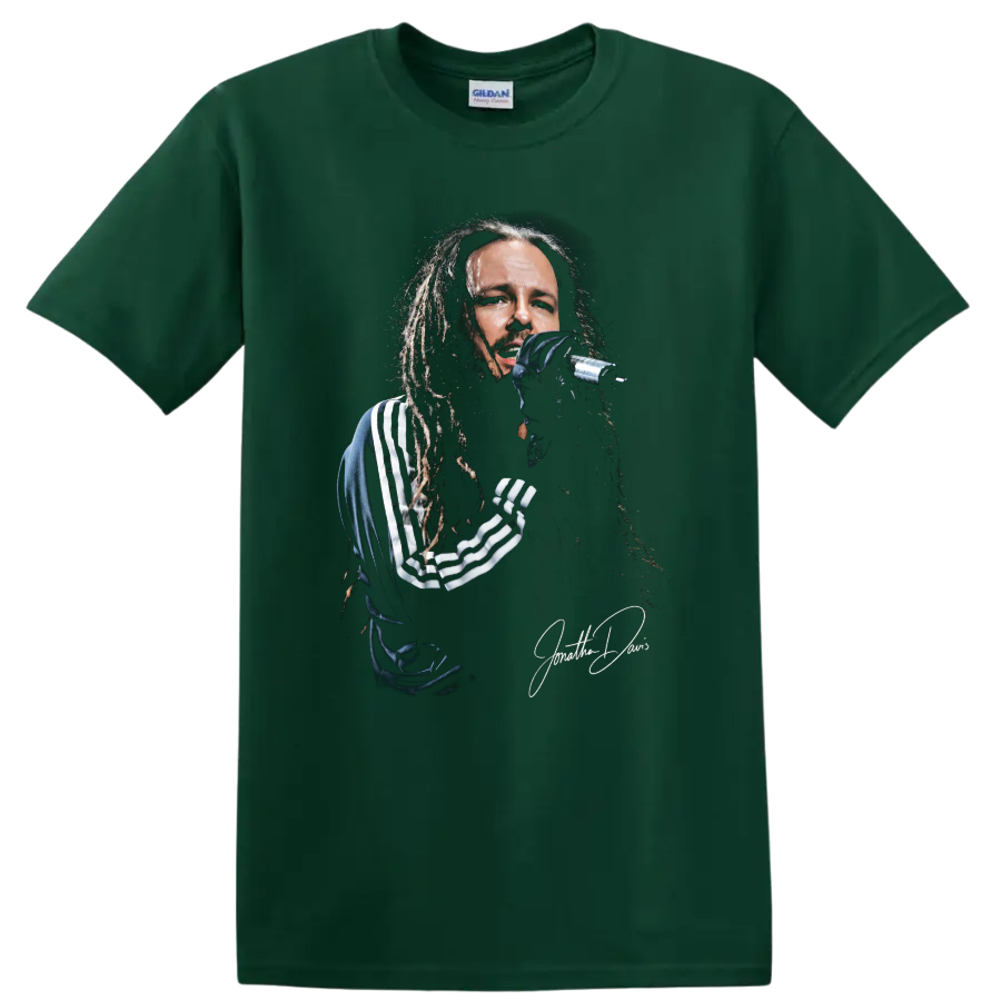 Jonathan Davis of Korn performing with a microphone in gritty portrait artwork on a Forest Green T Shirt