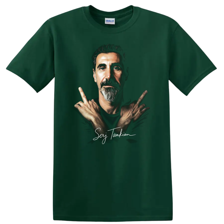 Serj Tankian portrait with crossed hands, dramatic alternative metal art on a Forest Green T Shirt