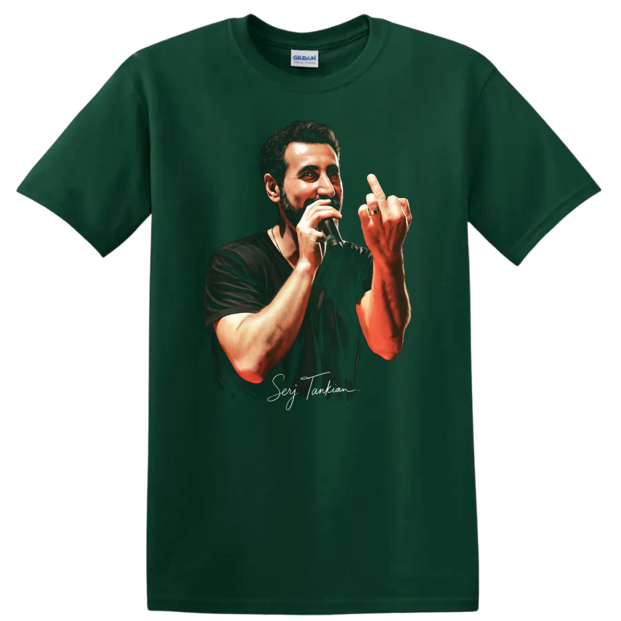 Serj Tankian pop-art portrait performing with a microphone on a Forest Green T Shirt