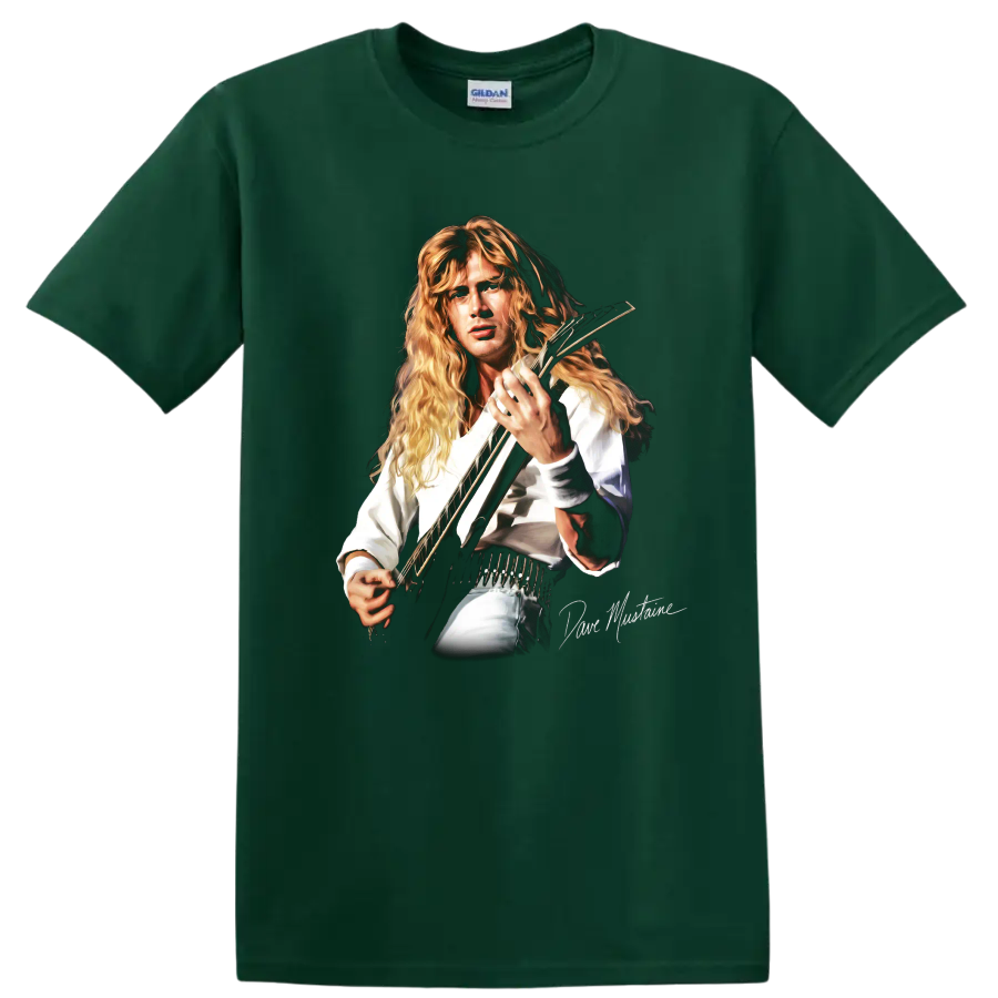 Dave Mustaine Megadeth thrash metal guitarist portrait with electric guitar on a Forest Green T Shirt