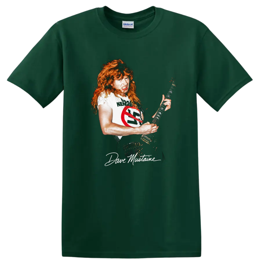 Dave Mustaine playing guitar in a bold thrash metal graphic on a Forest Green T Shirt