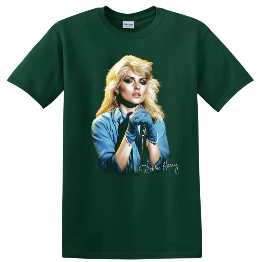 Debbie Harry Blondie singer portrait with microphone and signature on a Forest Green T Shirt