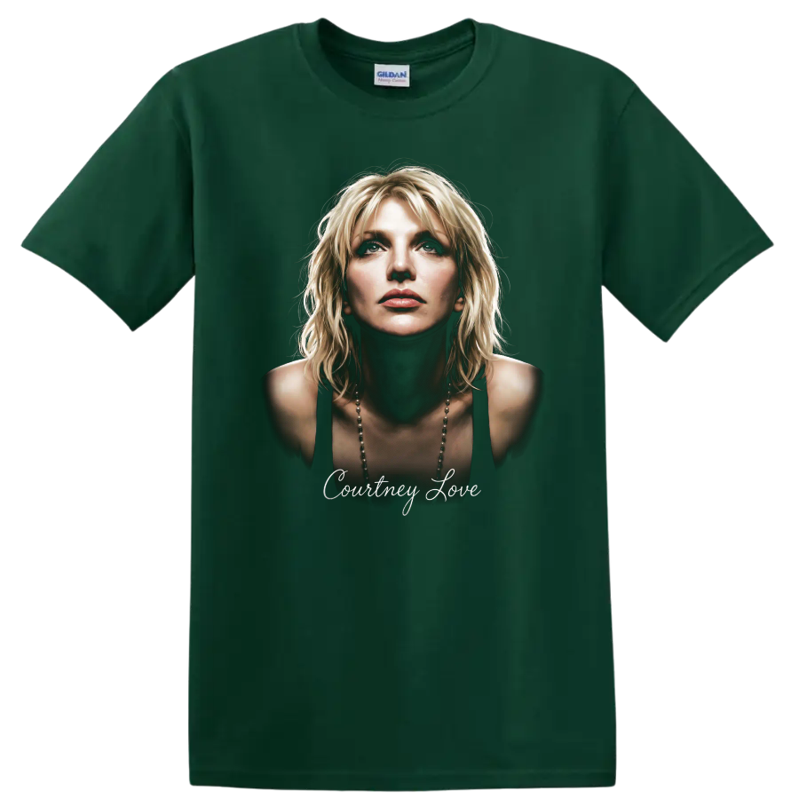 Courtney Love portrait with script text in a moody alternative rock design on a Forest Green T Shirt