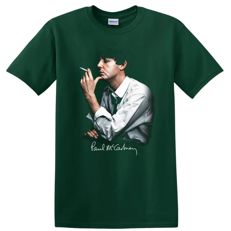 Paul McCartney portrait graphic with signature and cigarette on a Forest Green T Shirt