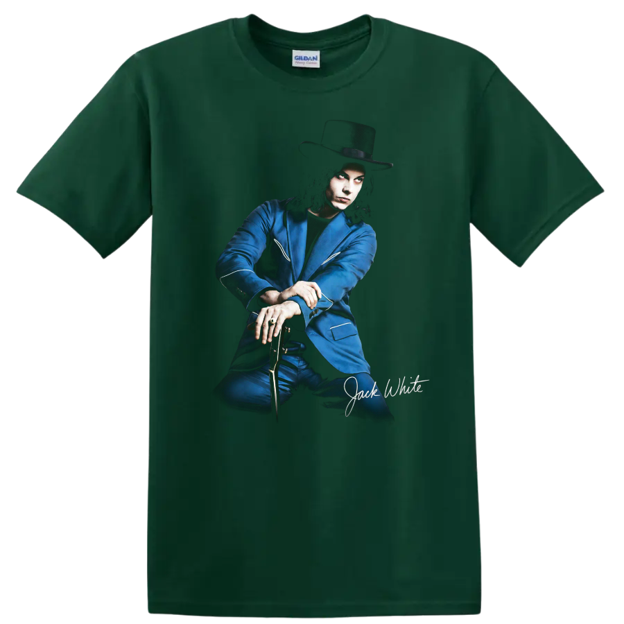 Jack White illustrated portrait in blue suit and wide-brim hat on a Forest Green T Shirt