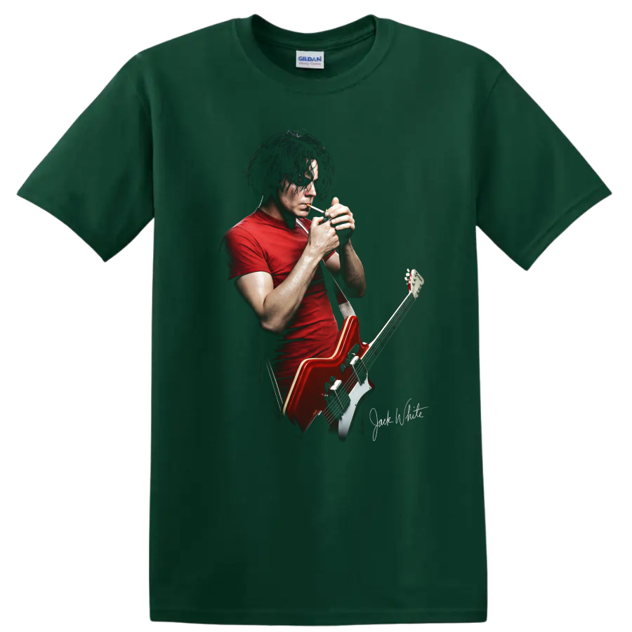 Jack White performing with a red guitar graphic print on a Forest Green T Shirt