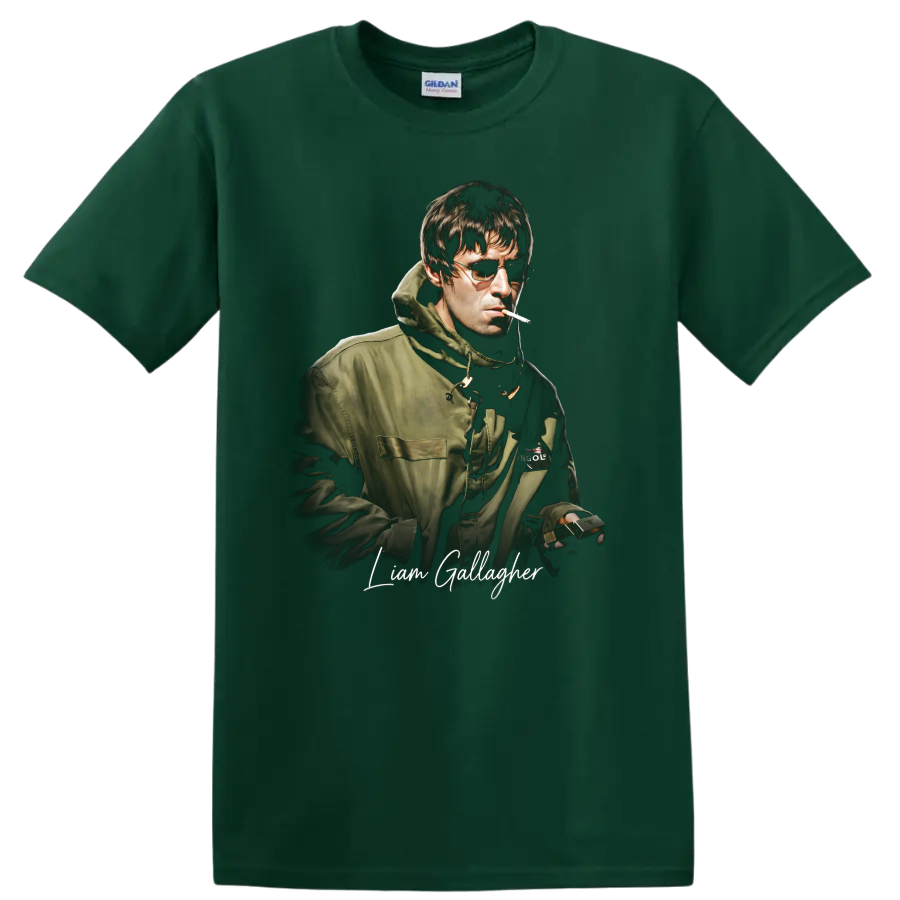 Liam Gallagher Oasis Britpop portrait with sunglasses and script lettering on a Forest Green T Shirt