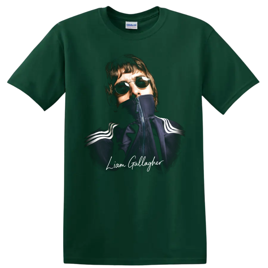 Liam Gallagher portrait with sunglasses and handwritten name graphic on a Forest Green T Shirt