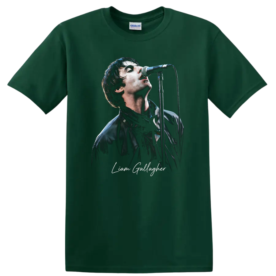 Liam Gallagher performing at a microphone in a high-contrast portrait graphic on a Forest Green T Shirt