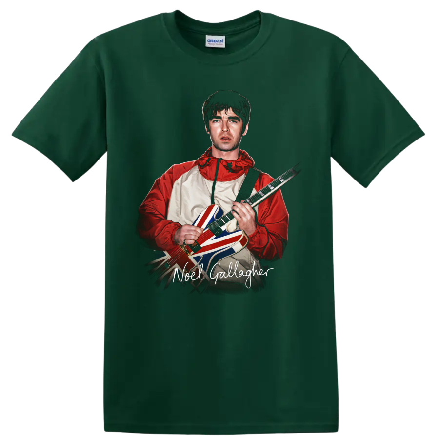 Noel Gallagher Oasis portrait with Union Jack guitar and signature text on a Forest Green T Shirt