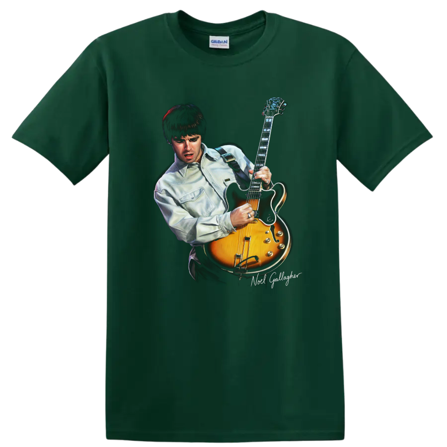 Noel Gallagher playing a sunburst Epiphone Riviera guitar graphic on a Forest Green T Shirt