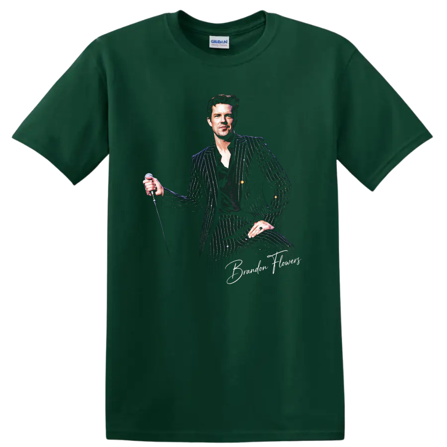 Brandon Flowers of The Killers illustrated portrait holding a microphone on a Forest Green T Shirt