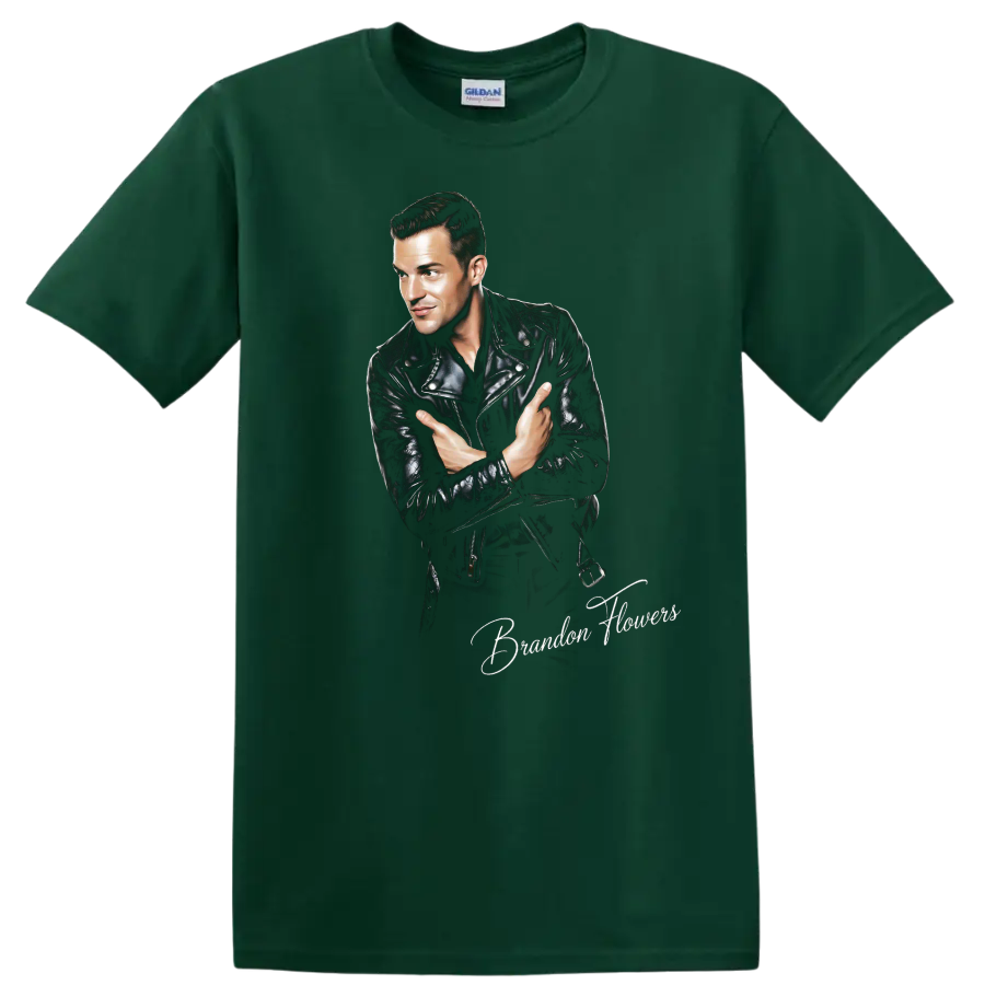 Brandon Flowers portrait in leather jacket, rock music graphic on a Forest Green T Shirt
