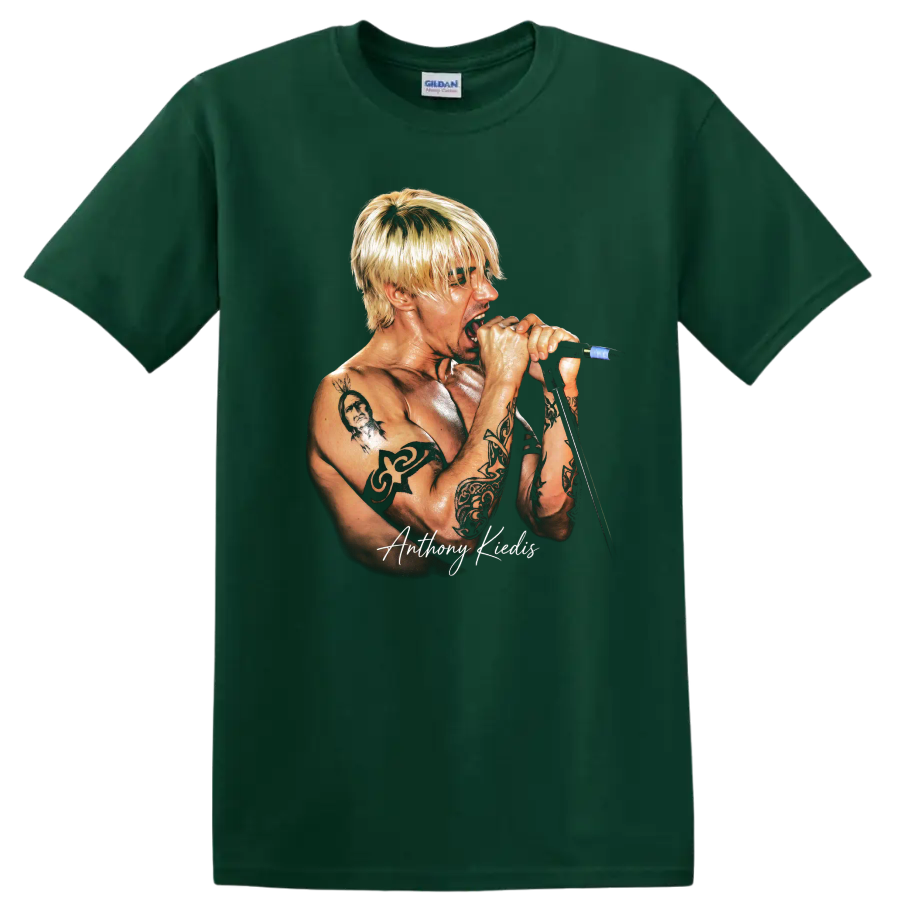 Anthony Kiedis performing into a microphone, detailed rock music portrait on a Forest Green T Shirt