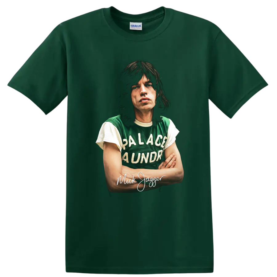Mick Jagger Palace Laundry portrait graphic with handwritten name on a Forest Green T Shirt