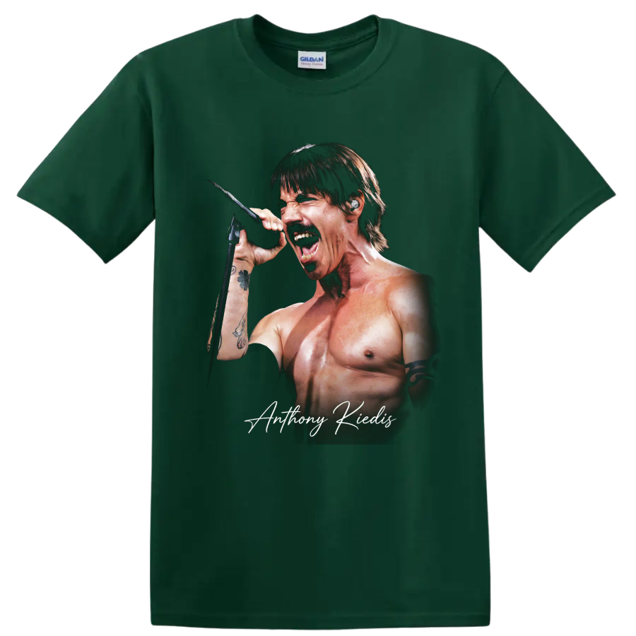 Anthony Kiedis singing into a microphone, rock portrait graphic on a Forest Green T Shirt