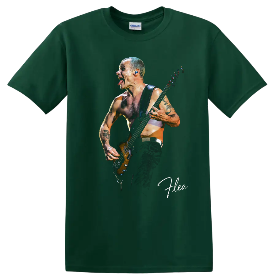 Flea playing bass in a dynamic Red Hot Chili Peppers graphic on a Forest Green T Shirt