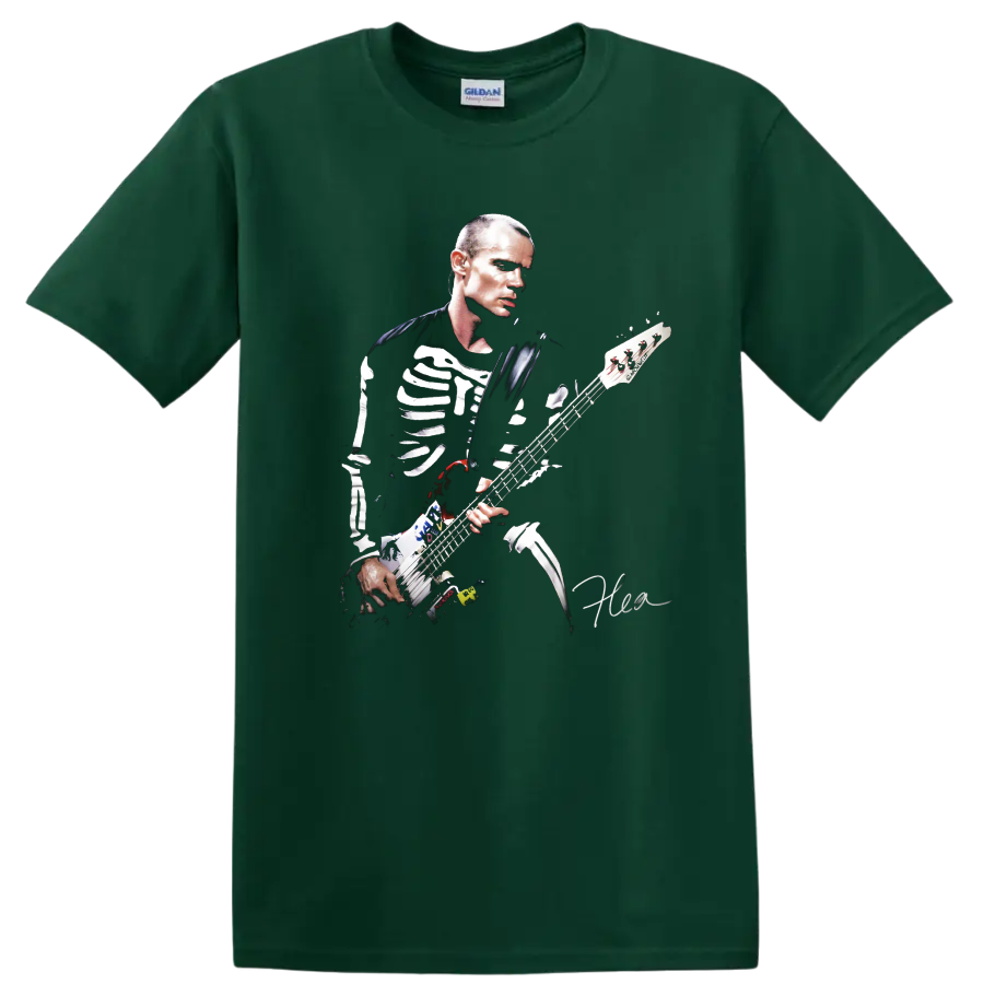 Flea playing bass in a dramatic Red Hot Chili Peppers poster design on a Forest Green T Shirt