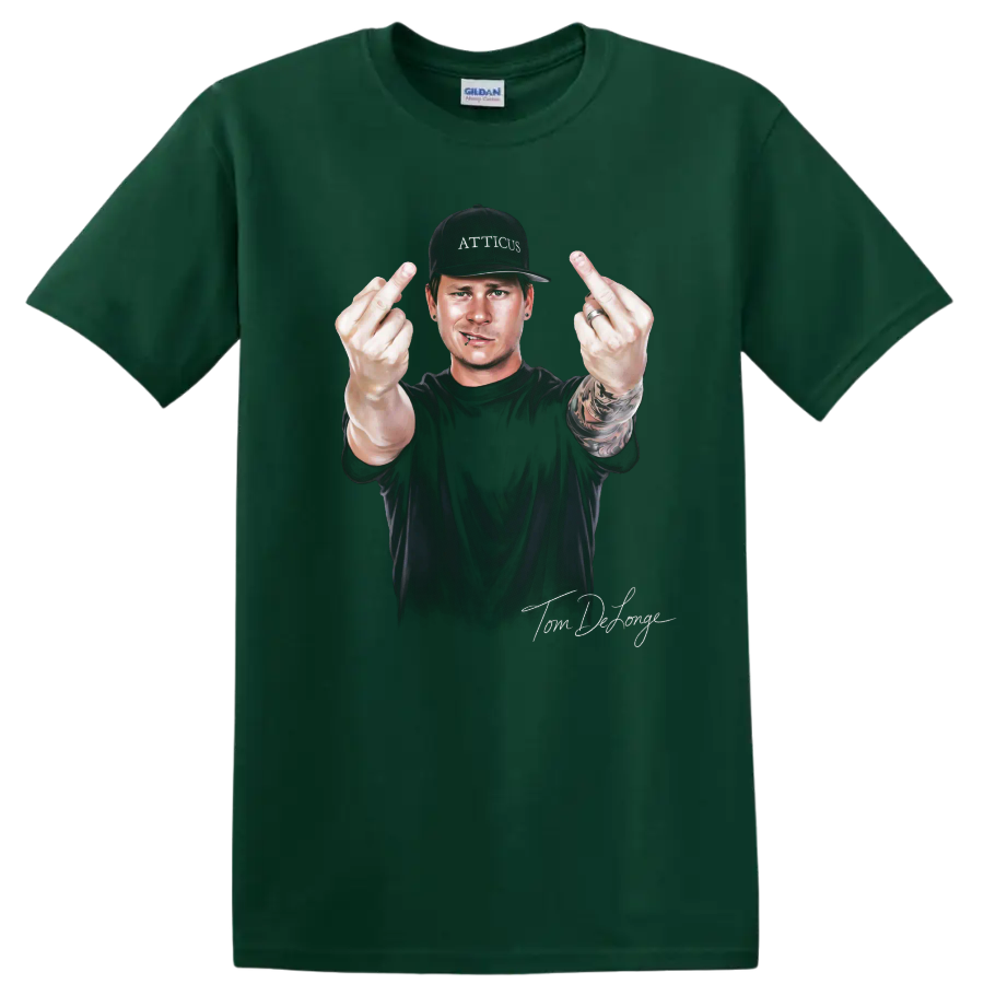 Tom DeLonge Blink-182 pop-punk portrait with rebellious hand gesture on a Forest Green T Shirt