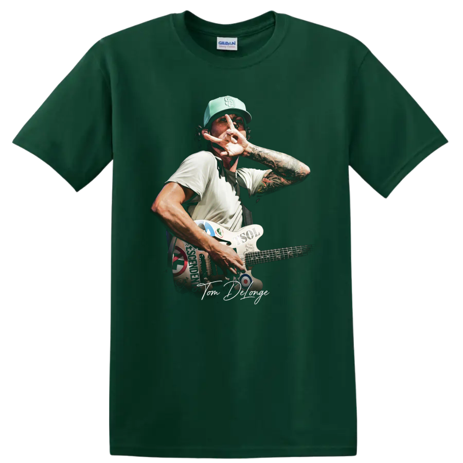 Tom DeLonge Blink-182 pop-punk guitar concert graphic on a Forest Green T Shirt