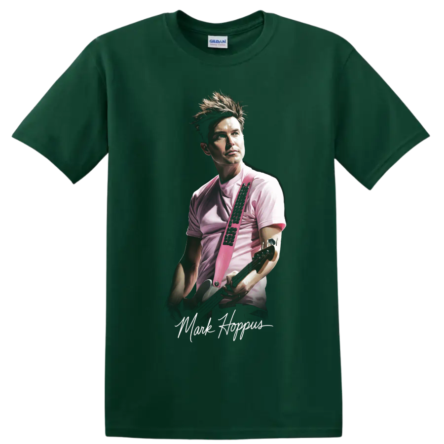 Mark Hoppus blink-182 pop-punk portrait holding a guitar on a Forest Green T Shirt