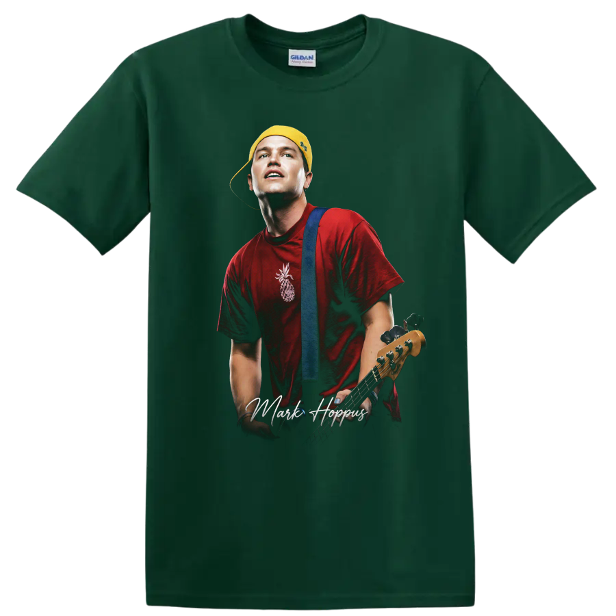 Mark Hoppus Blink-182 pop-punk portrait with bass guitar on a Forest Green T Shirt
