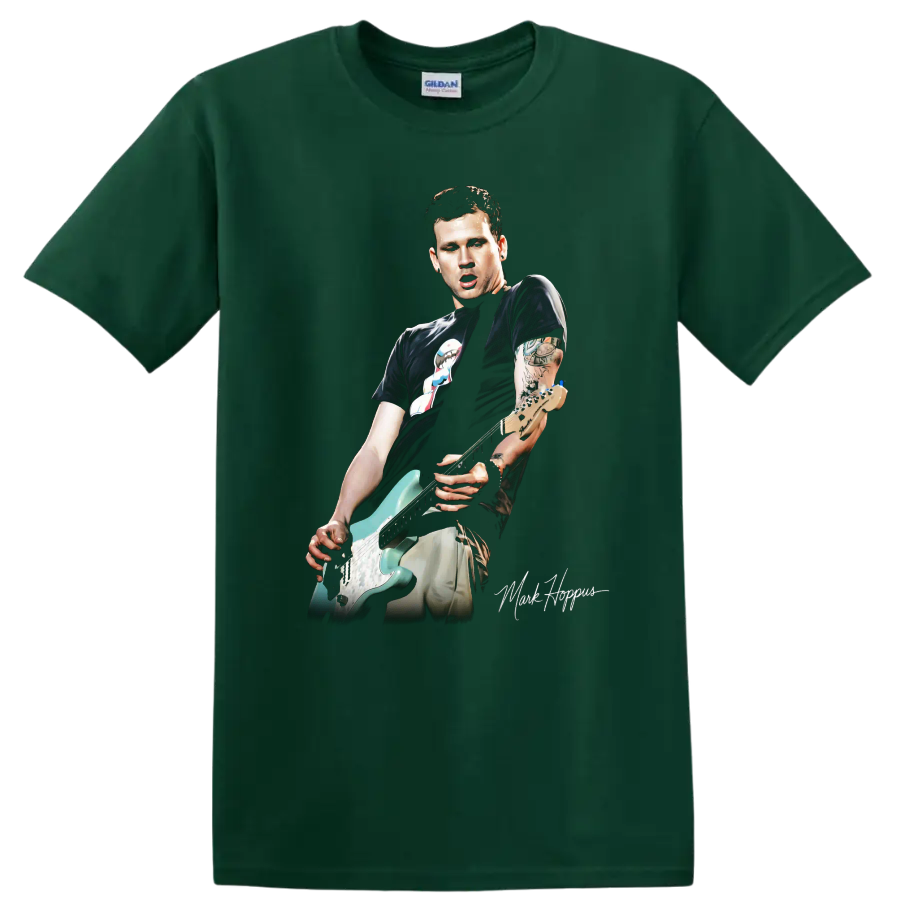 Mark Hoppus of Blink-182 playing an electric guitar in pop-punk graphic art on a Forest Green T Shirt