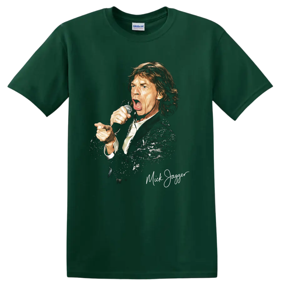Mick Jagger The Rolling Stones performance portrait graphic print on a Forest Green T Shirt
