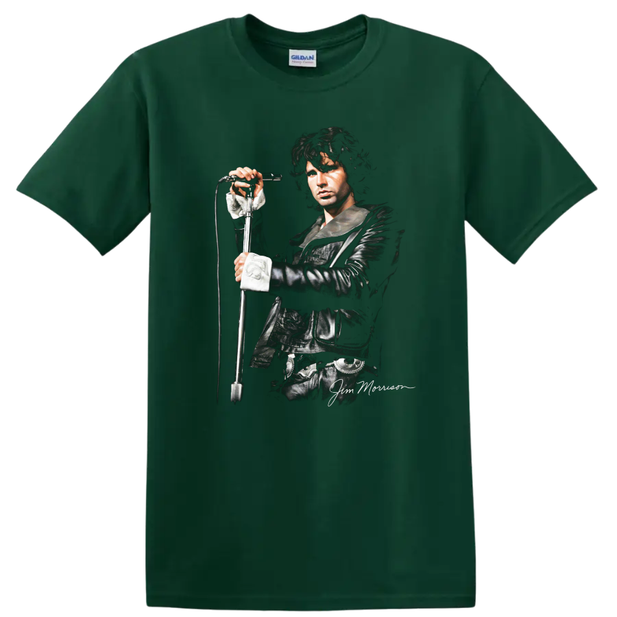 Jim Morrison of The Doors black and white rock portrait with microphone on a Forest Green T Shirt