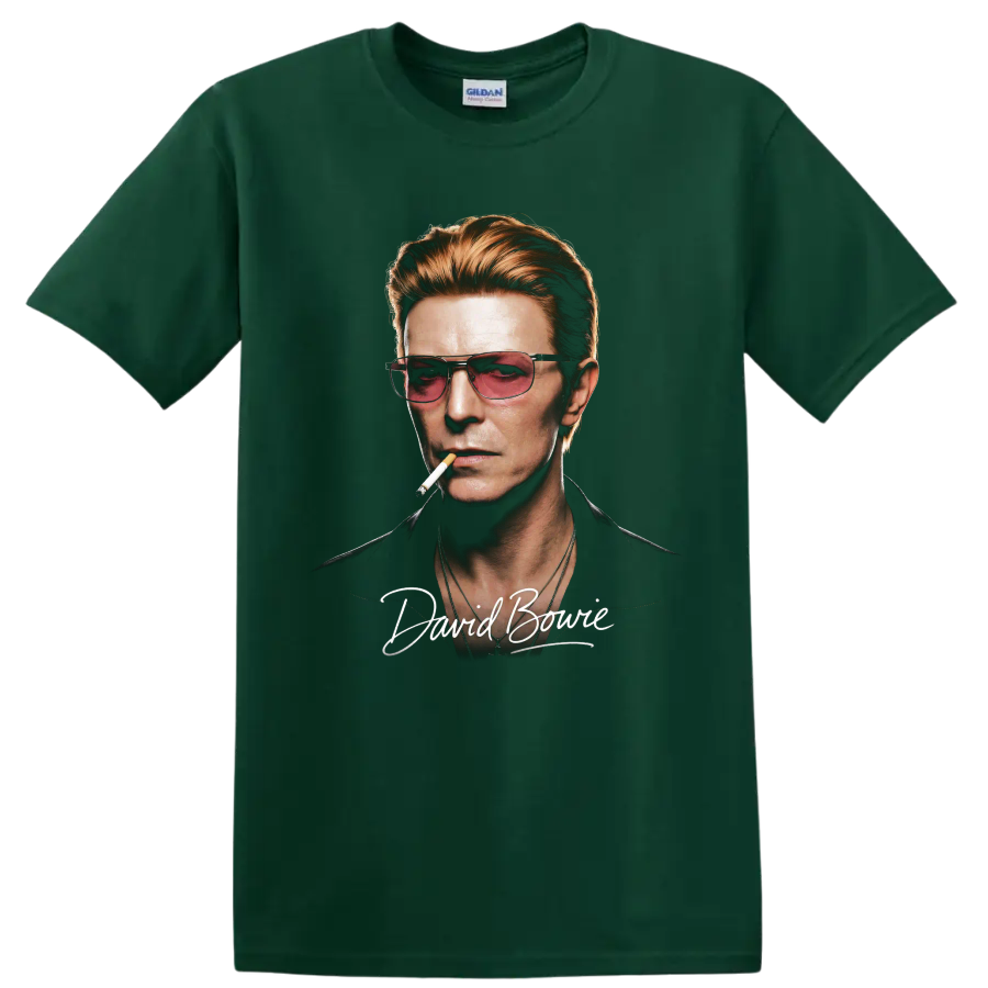 David Bowie portrait graphic with sunglasses, cigarette, and signature text on a Forest Green T Shirt