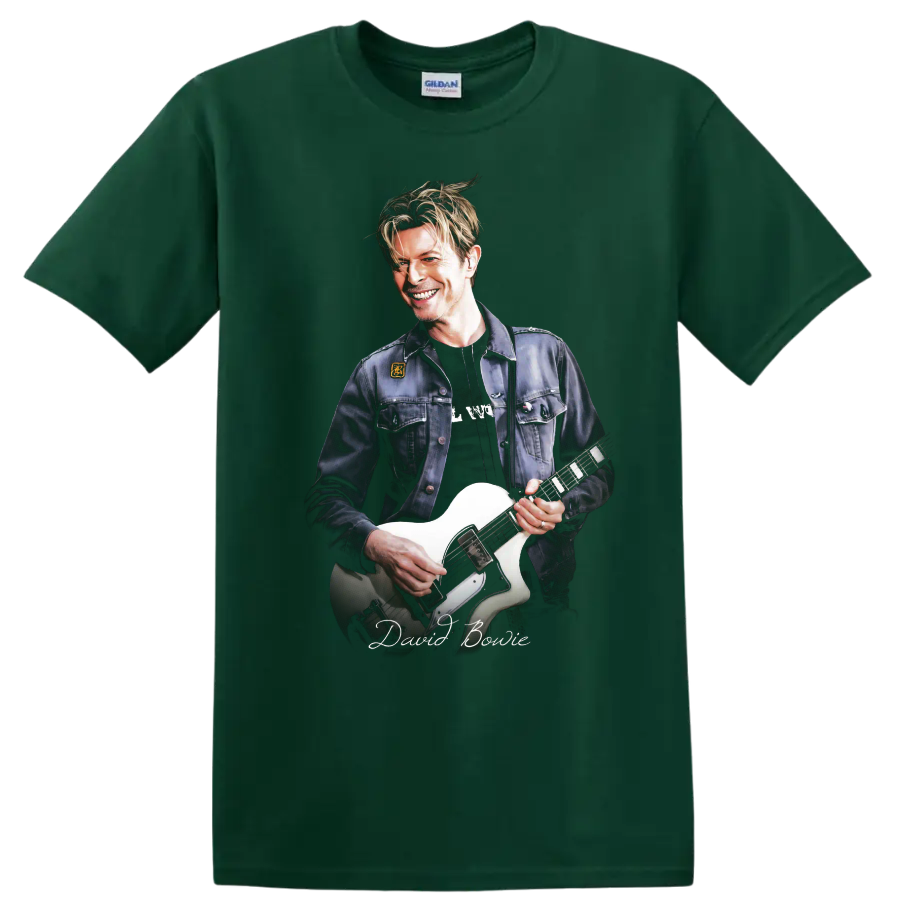 David Bowie portrait playing a white electric guitar graphic print on a Forest Green T Shirt